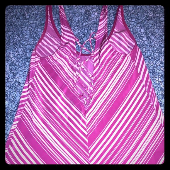 Pink/Cream Striped Lace Up Back Polyester Tank - Picture 1 of 6